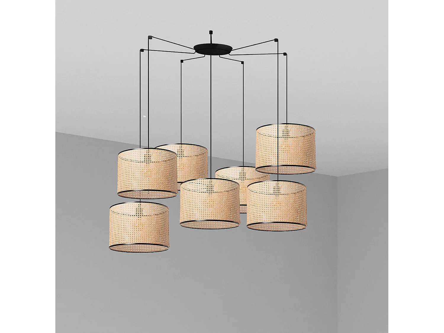 Lampe à suspension MAMBO 450 7L Noir/rotin