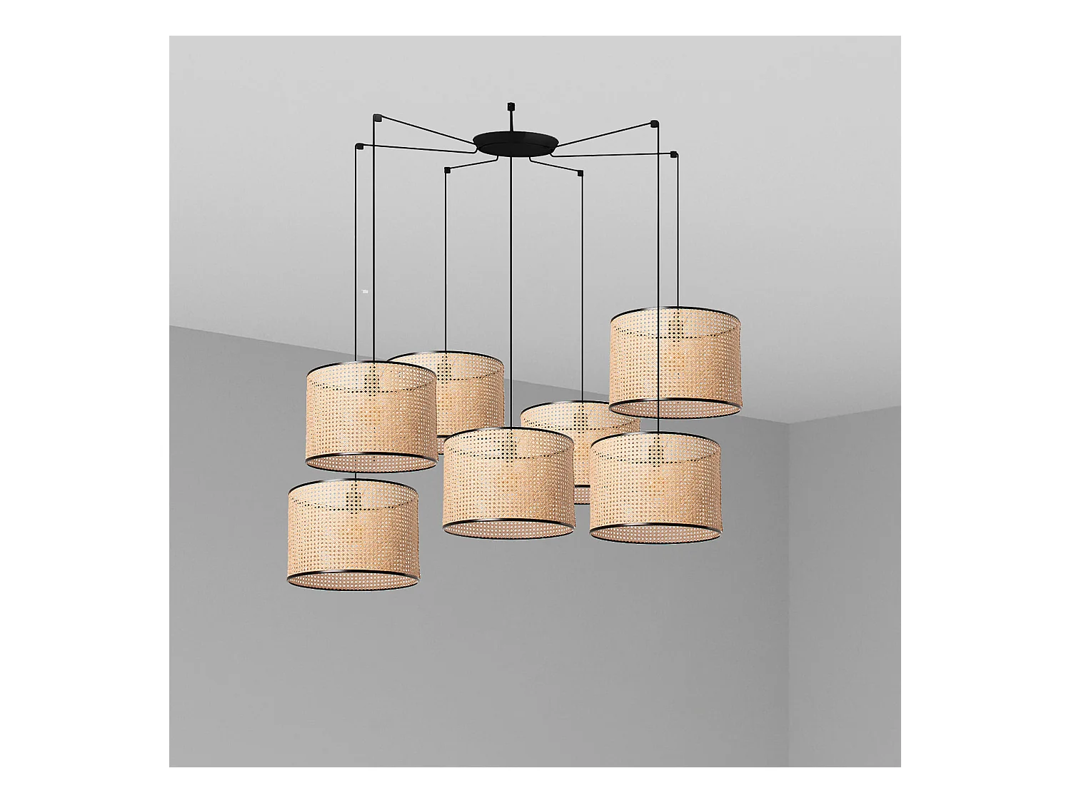 Lampe à suspension MAMBO 450 7L Noir/rotin