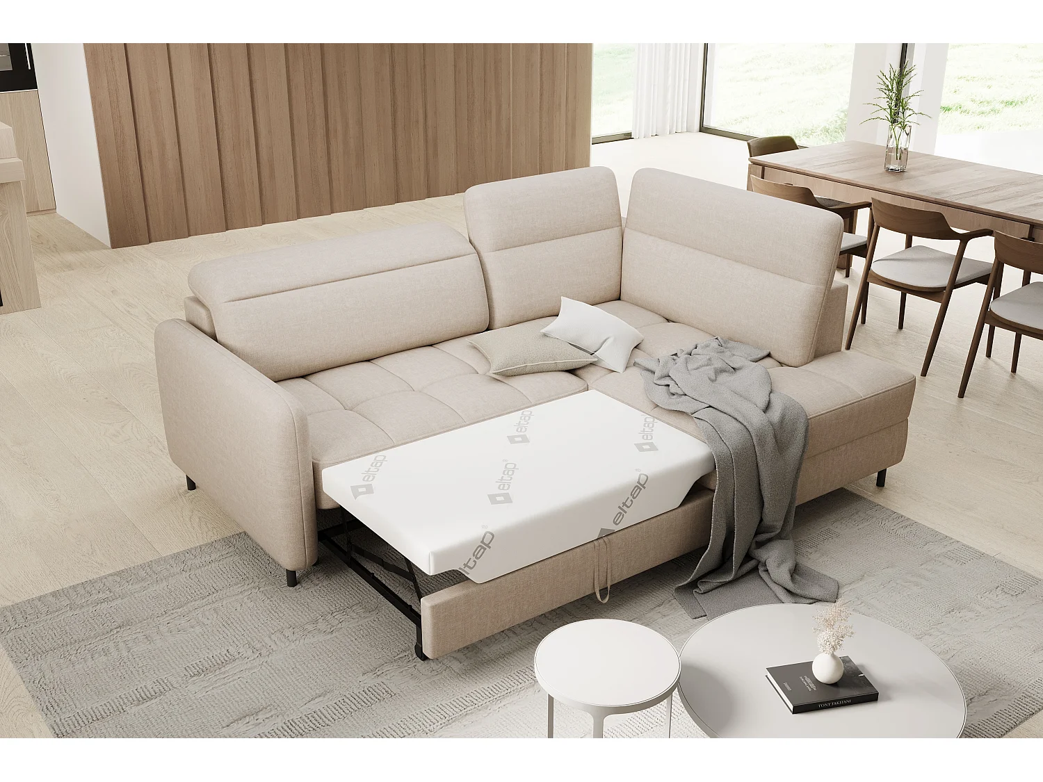 Petit canapé d'angle en tissu convertible avec coffre BOREA 208cm-Beige clair-angle droit