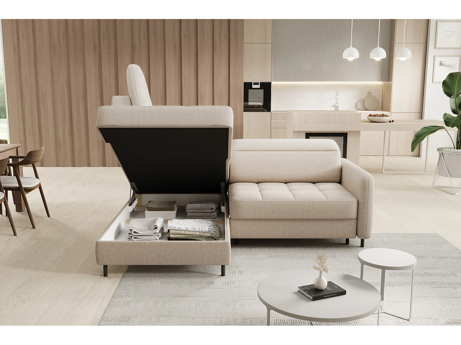 Petit canapé d'angle en tissu convertible avec coffre BOREA 208cm-Beige clair-angle gauche