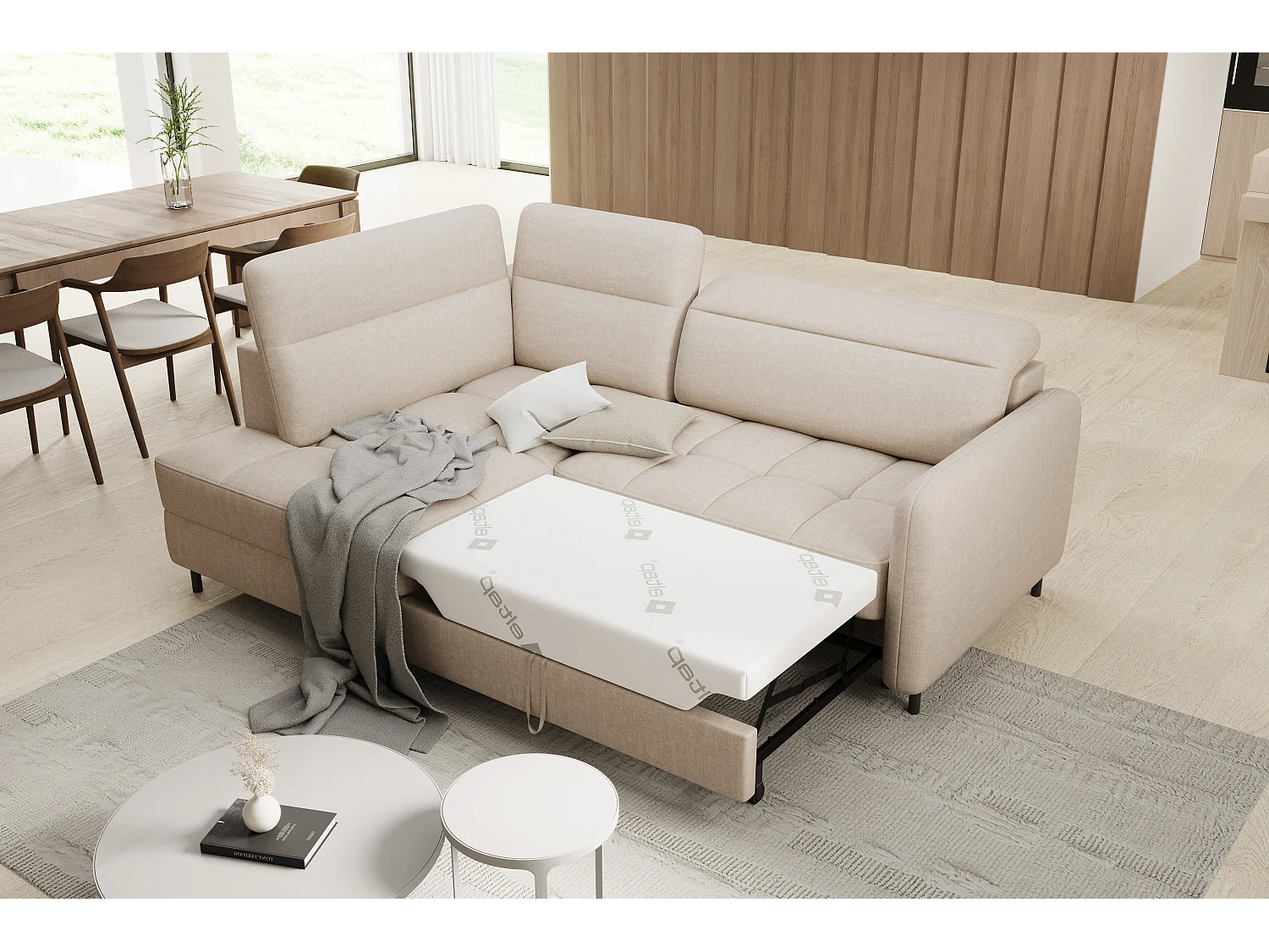 Petit canapé d'angle en tissu convertible avec coffre BOREA 208cm-Beige clair-angle gauche