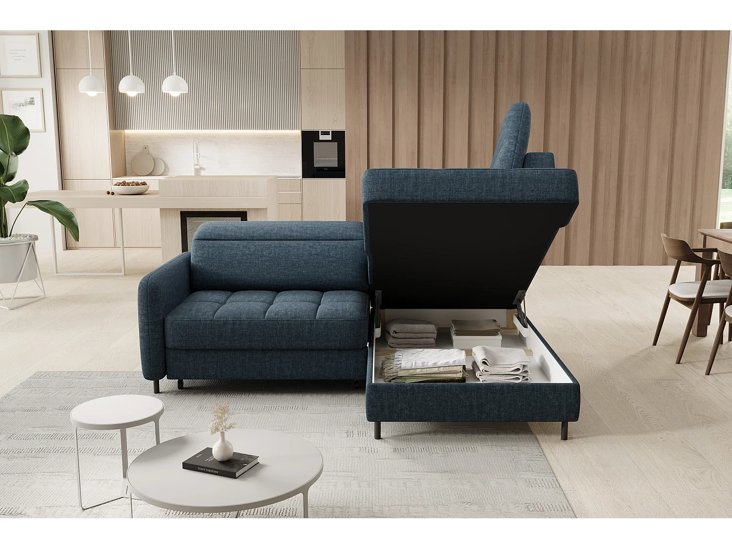 Petit canapé d'angle en tissu convertible avec coffre BOREA 208cm-Bleu foncé-angle droit