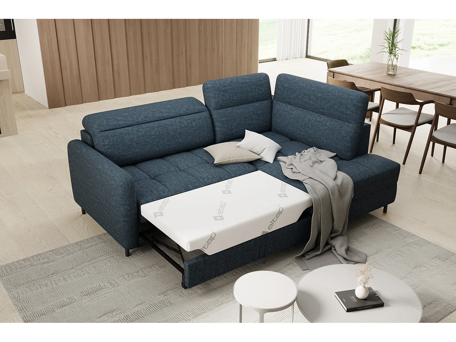 Petit canapé d'angle en tissu convertible avec coffre BOREA 208cm-Bleu foncé-angle droit