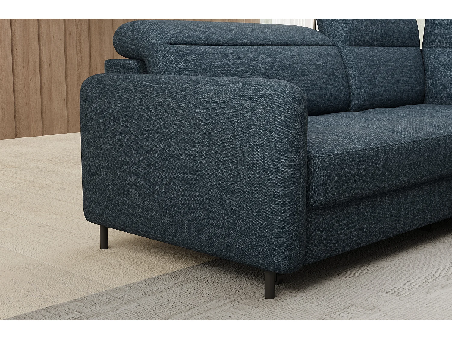 Petit canapé d'angle en tissu convertible avec coffre BOREA 208cm-Bleu foncé-angle droit