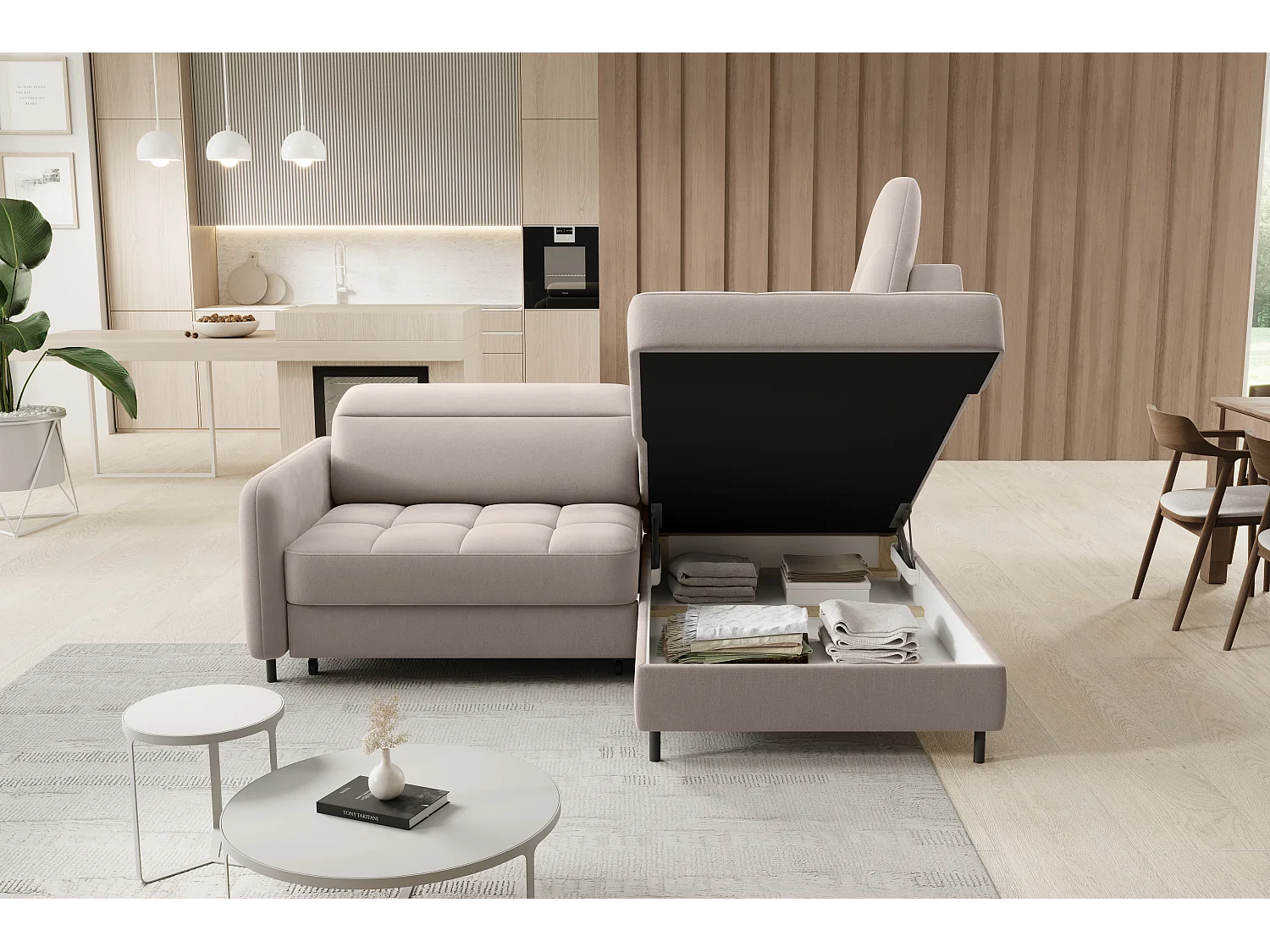 Petit canapé d'angle en tissu convertible avec coffre BOREA 208cm-Taupe-angle droit