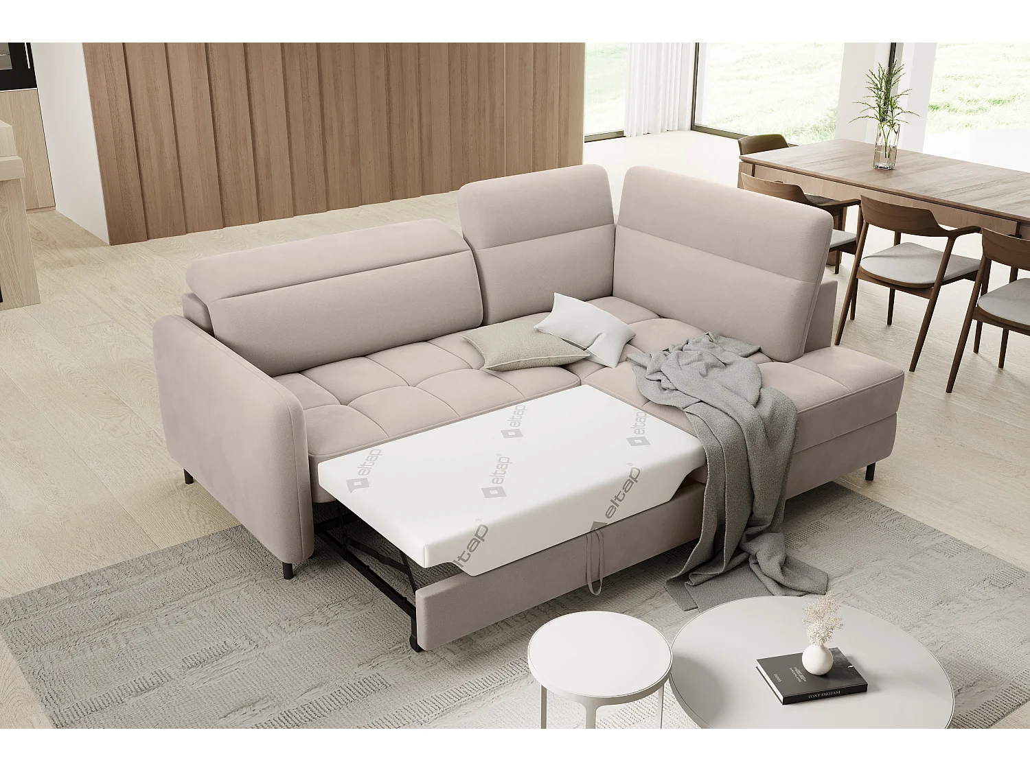 Petit canapé d'angle en tissu convertible avec coffre BOREA 208cm-Taupe-angle droit
