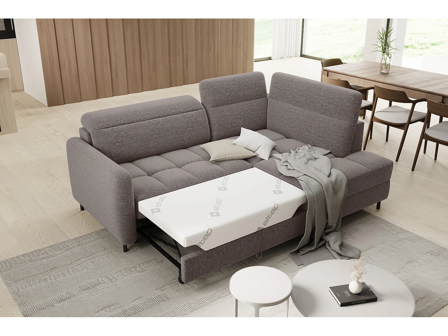 Petit canapé d'angle en tissu convertible avec coffre BOREA 208cm-Marron-angle droit