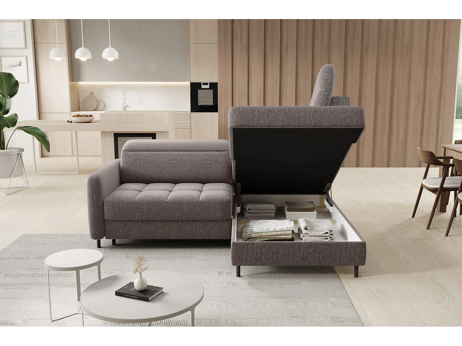 Petit canapé d'angle en tissu convertible avec coffre BOREA 208cm-Marron-angle droit