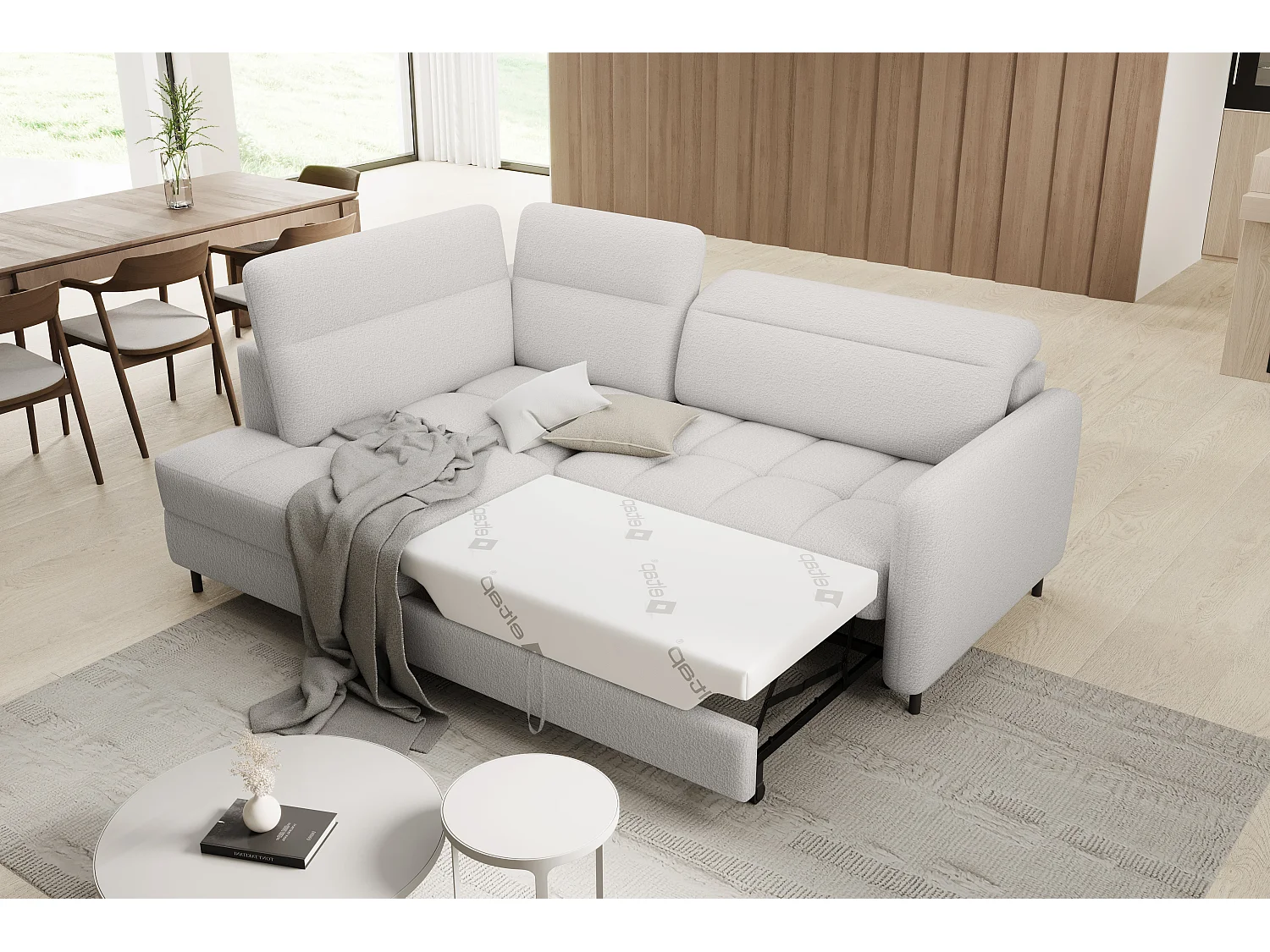 Kleine omvormbare stoffen hoekbank met opbergruimte BOREA 208 cm-Kleur Wit-linkerhoek