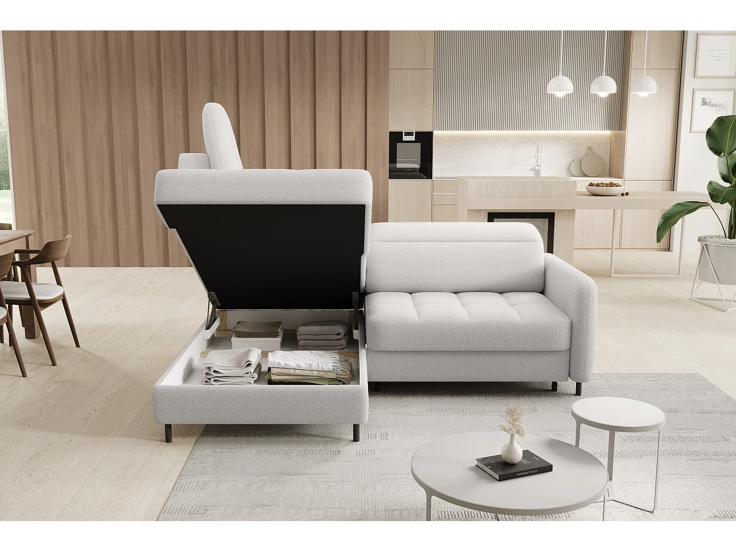 Petit canapé d'angle en tissu convertible avec coffre BOREA 208cm-Blanc-angle gauche