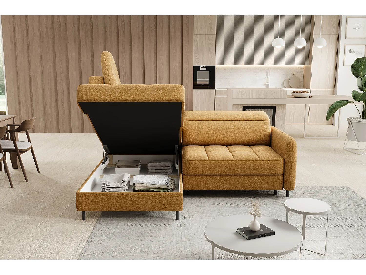 Canapé d'angle gauche convertible 4 places avec coffre en tissu camel BOREA