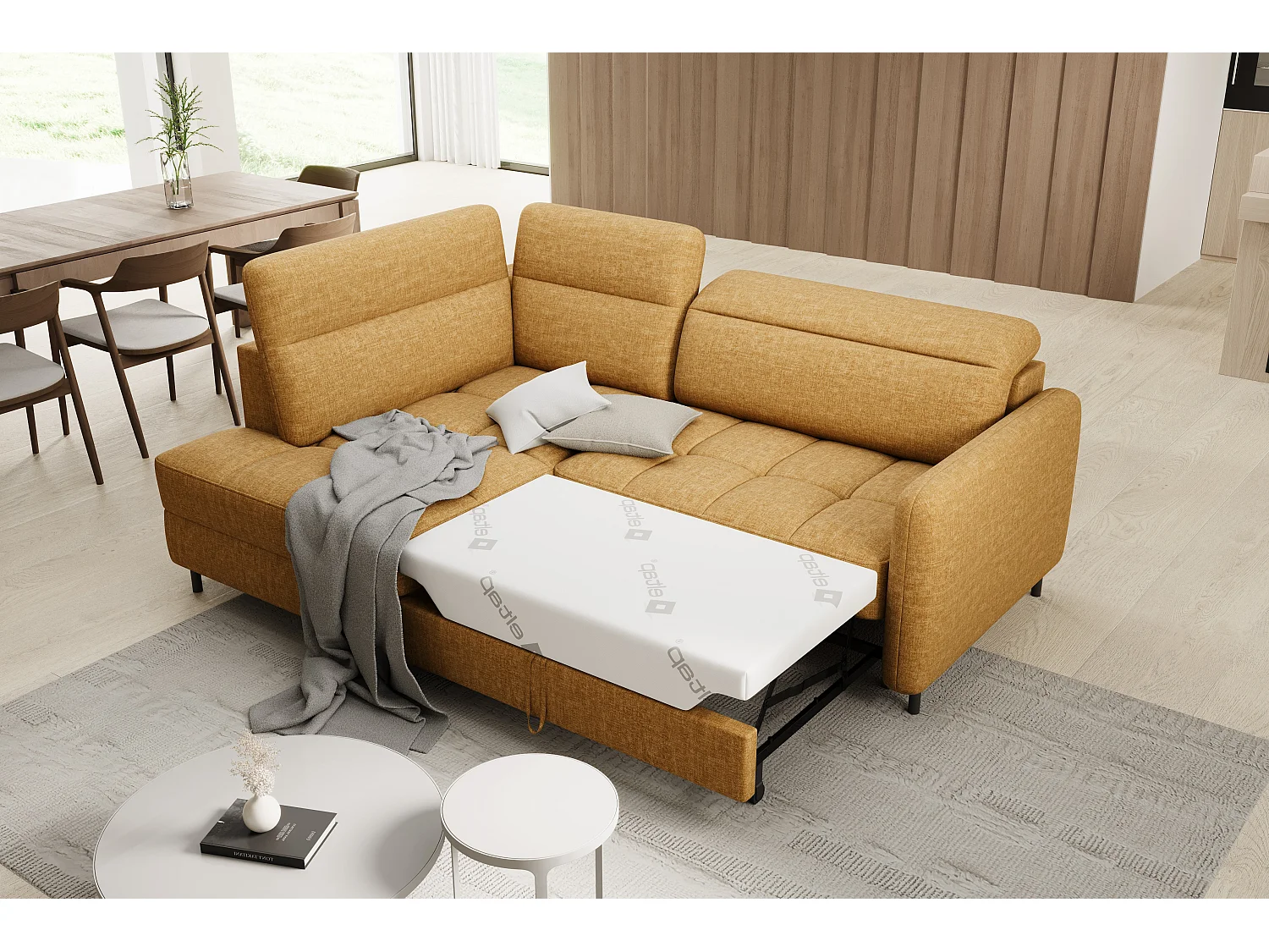 Canapé d'angle gauche convertible 4 places avec coffre en tissu camel BOREA