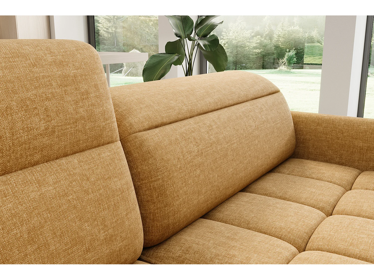 Canapé d'angle gauche convertible 4 places avec coffre en tissu camel BOREA