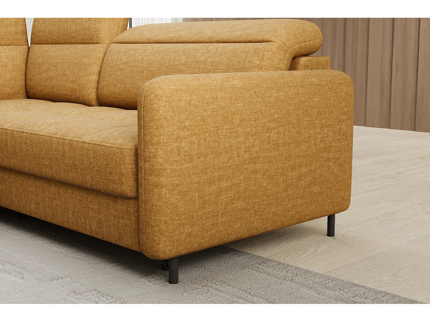 Canapé d'angle gauche convertible 4 places avec coffre en tissu camel BOREA