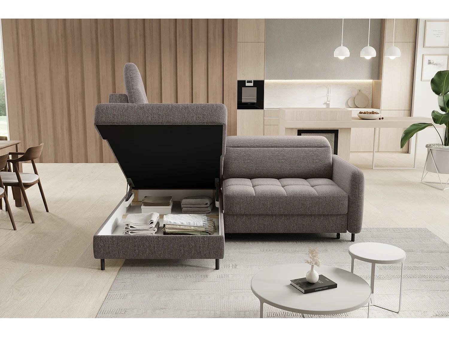 Petit canapé d'angle en tissu convertible avec coffre BOREA 208cm-Marron-angle gauche