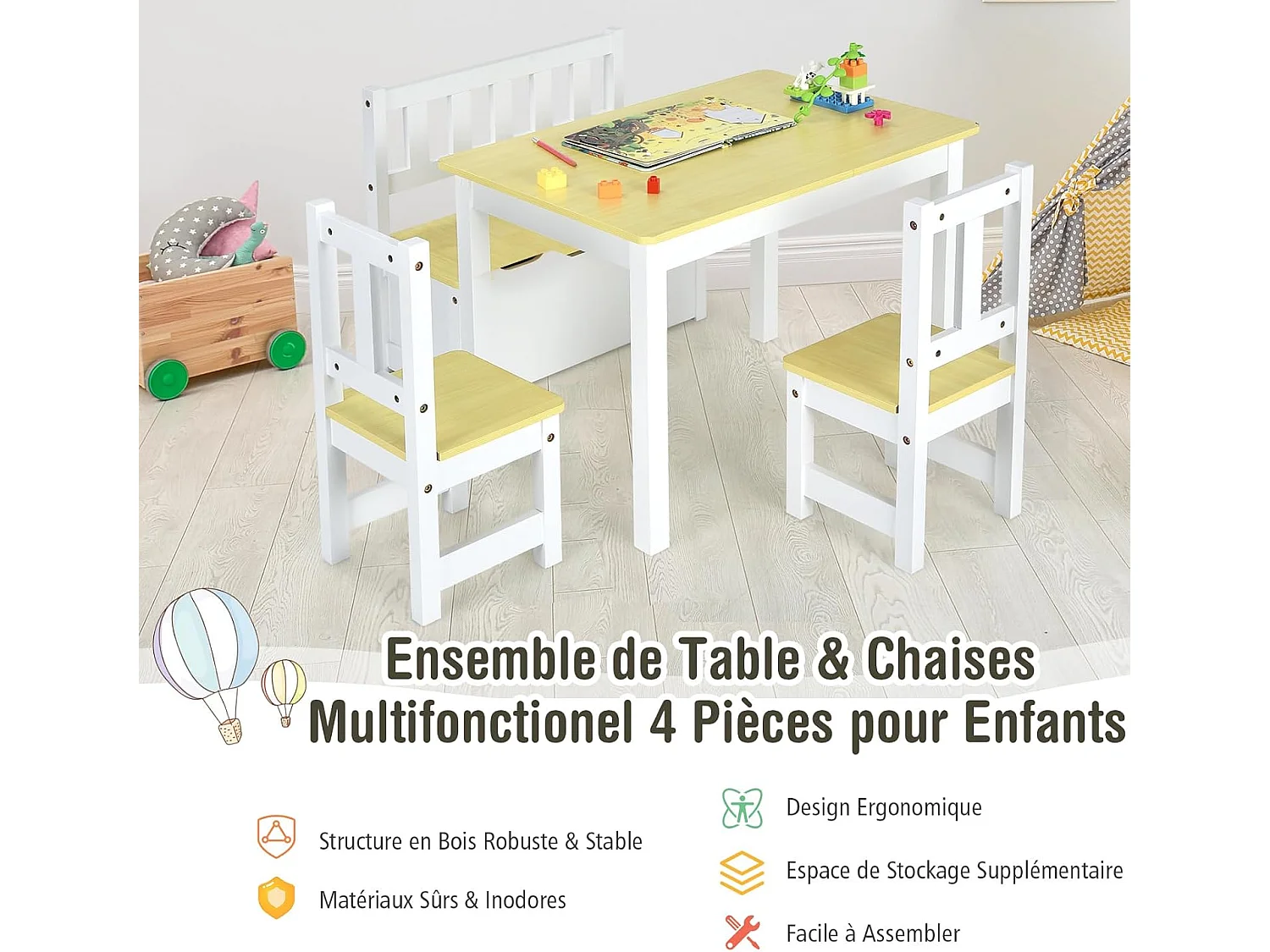 Ensemble table et chaises pour enfants, table et 2 chaises et 1 banc en bois (gris)