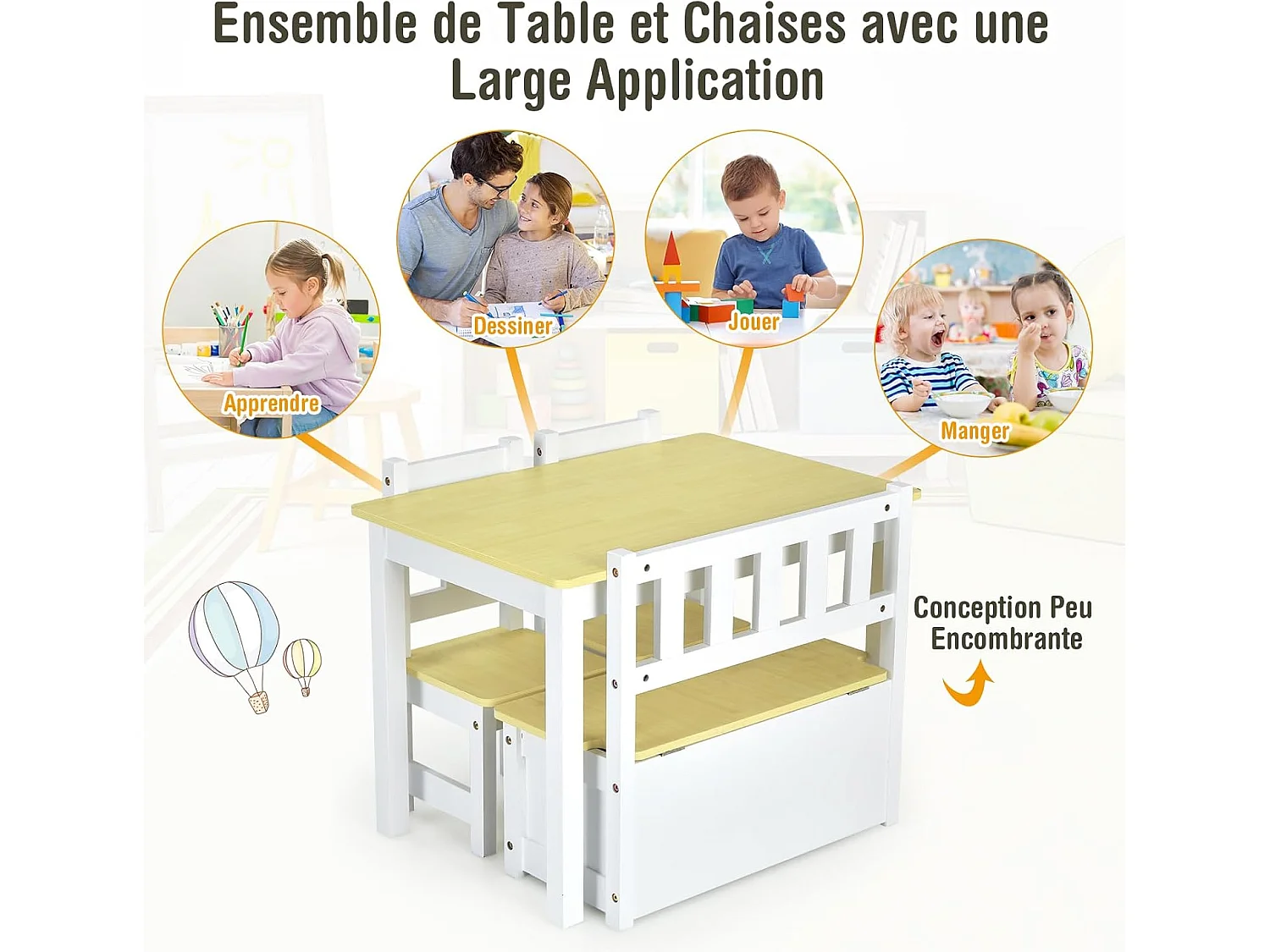 Ensemble table et chaises pour enfants, table et 2 chaises et 1 banc en bois (gris)