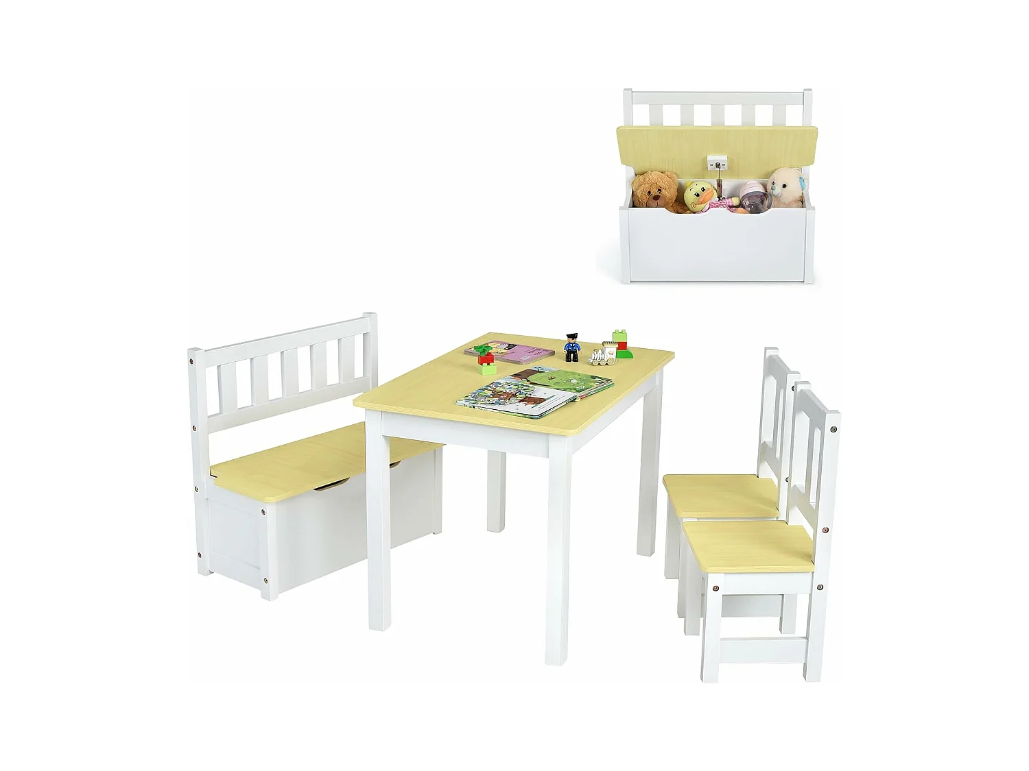 Ensemble table et chaises pour enfants, table et 2 chaises et 1 banc en bois (gris)