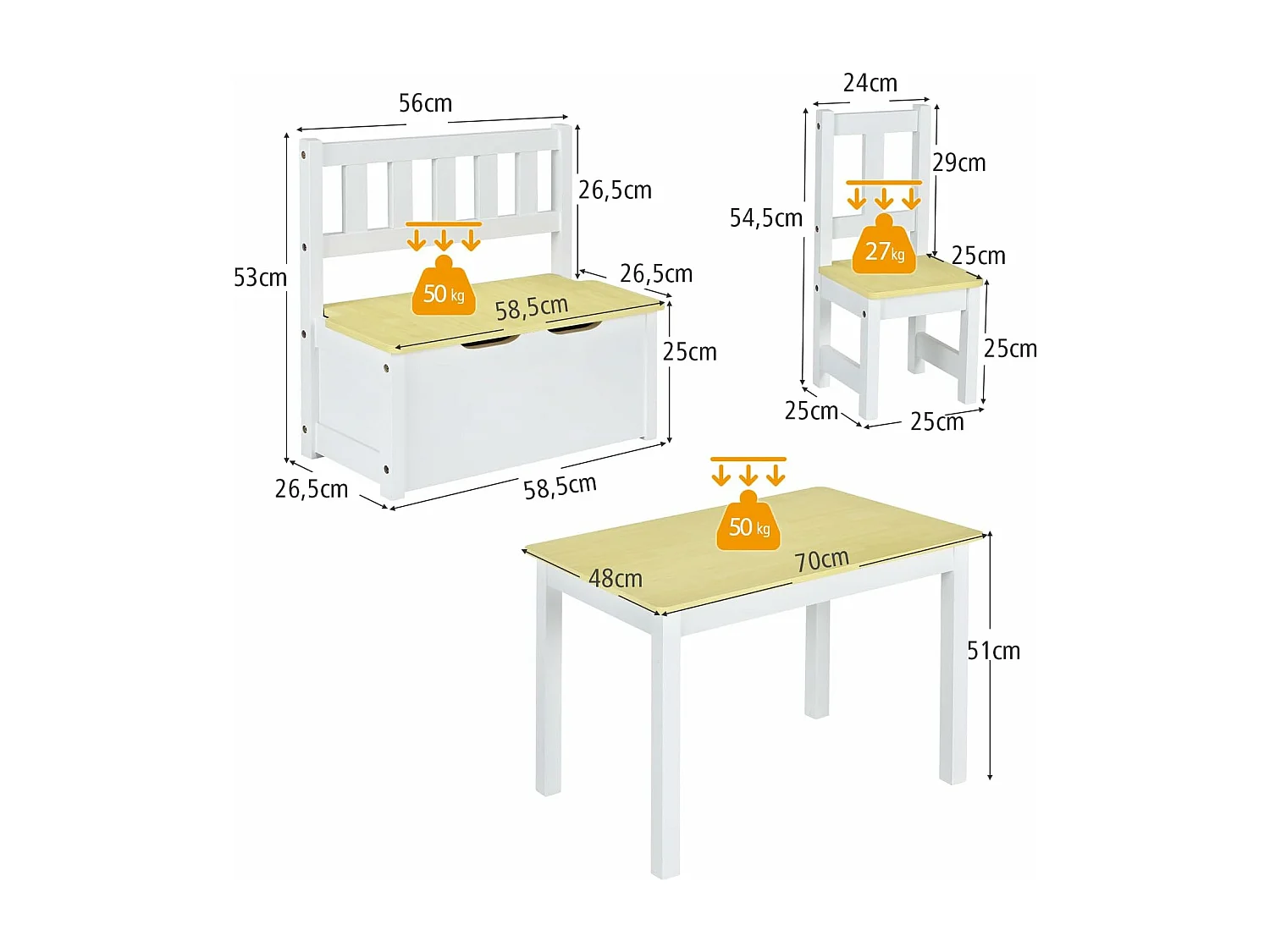 Ensemble table et chaises pour enfants, table et 2 chaises et 1 banc en bois (gris)