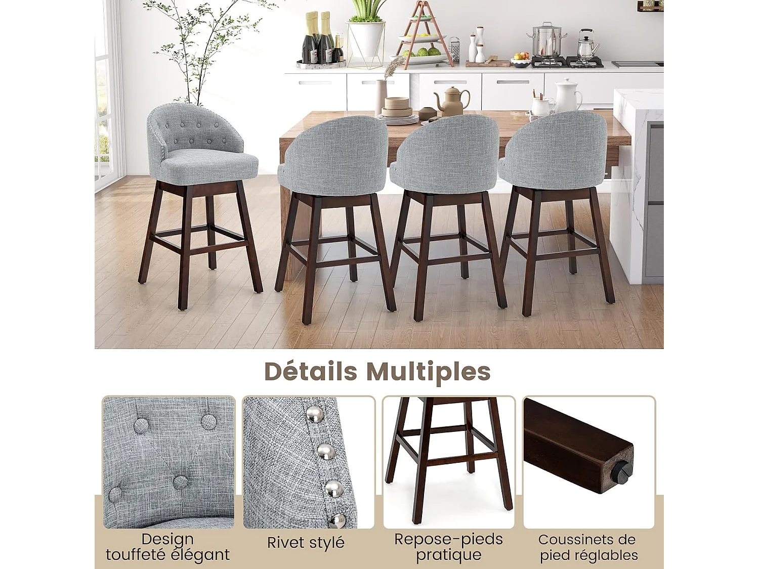 Chaise de bar pivotante Tabouret de bar lot de 2,rembourré en éponge, pieds en bois,repose-pieds gris