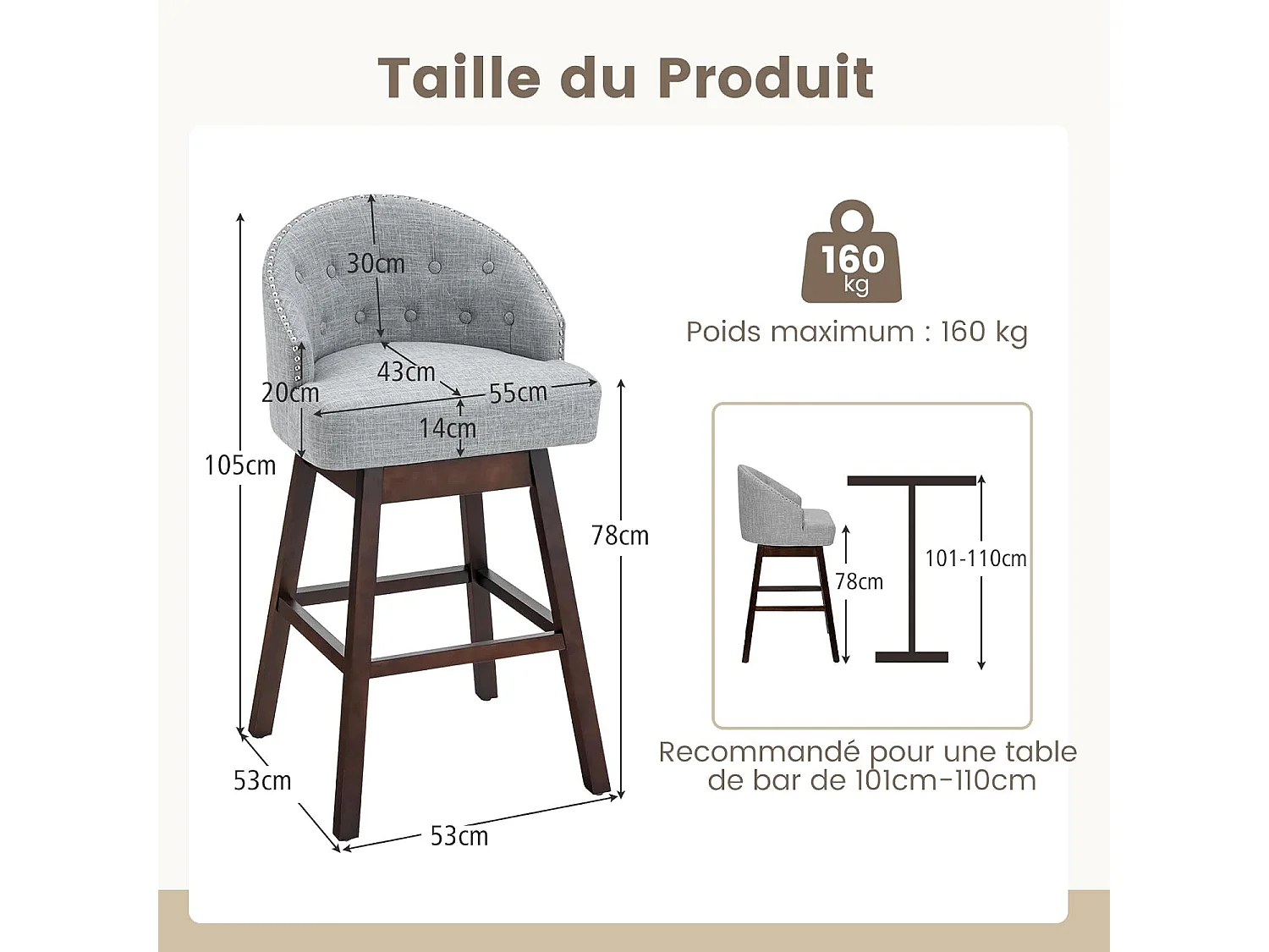 Chaise de bar pivotante Tabouret de bar lot de 2,rembourré en éponge, pieds en bois,repose-pieds gris