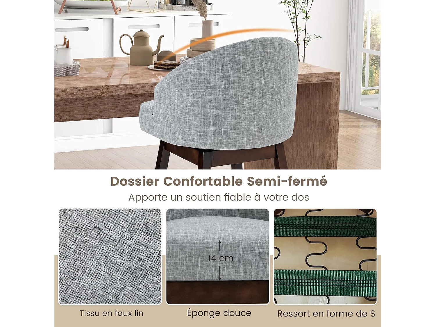 Chaise de bar pivotante Tabouret de bar lot de 2,rembourré en éponge, pieds en bois,repose-pieds gris