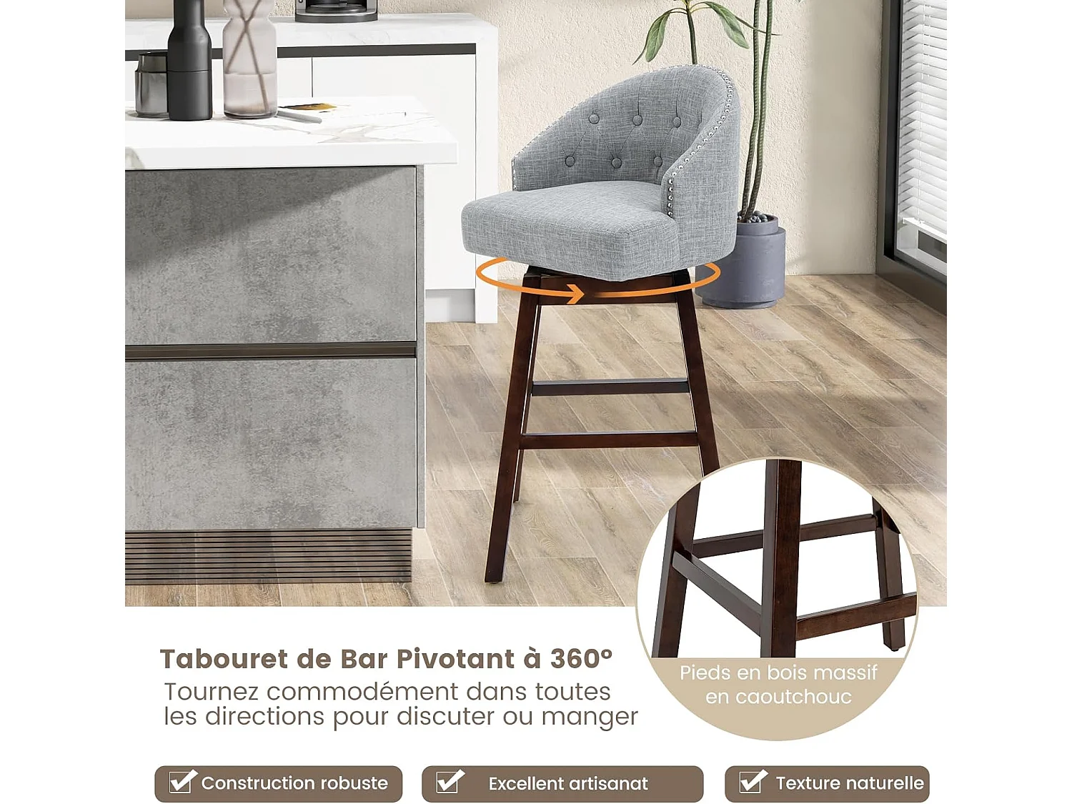 Chaise de bar pivotante Tabouret de bar lot de 2,rembourré en éponge, pieds en bois,repose-pieds gris