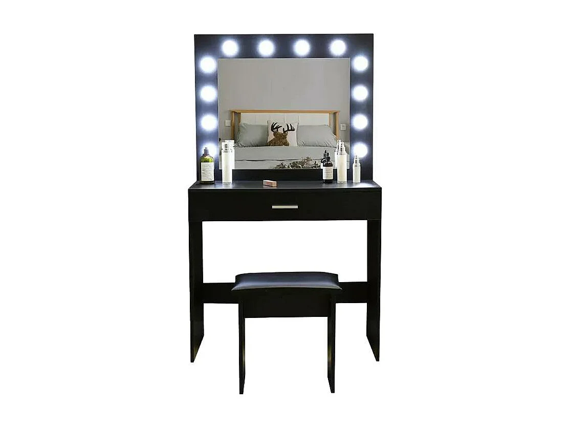 Schwarzer Schminktisch mit Spiegel mit LED-Lichtern und Hocker Gaia Black