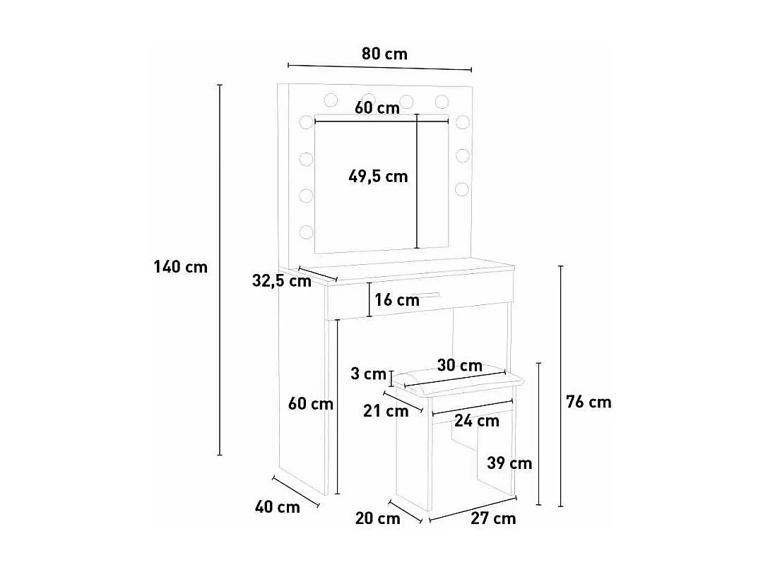 Schwarzer Schminktisch mit Spiegel mit LED-Lichtern und Hocker Gaia Black