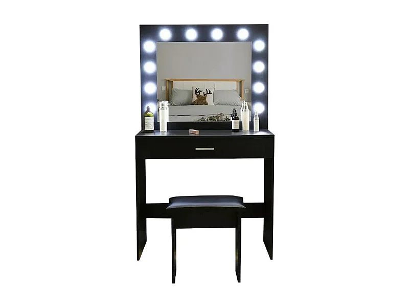 Schwarzer Schminktisch mit Spiegel mit LED-Lichtern und Hocker Gaia Black