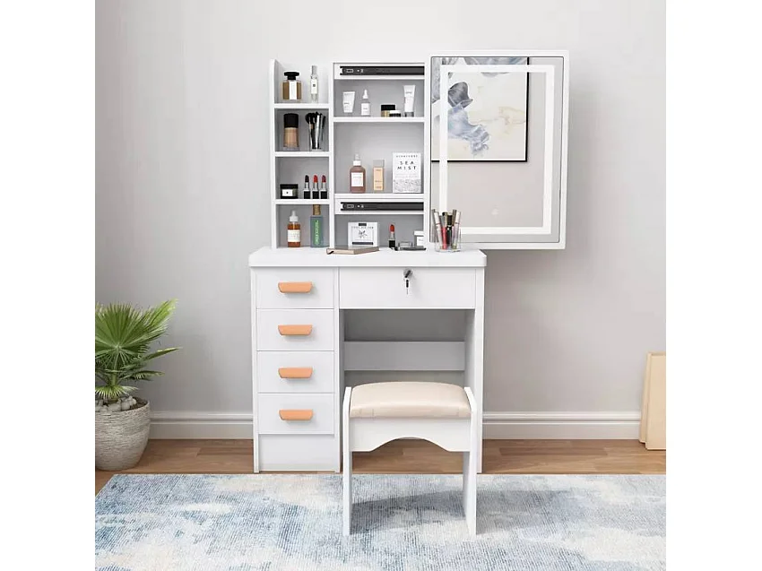 Schminktisch mit Schiebespiegel mit LED-Licht und Hocker Caroline