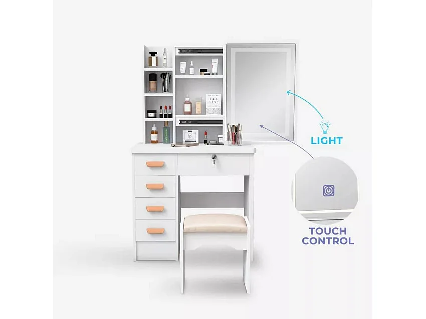 Schminktisch mit Schiebespiegel mit LED-Licht und Hocker Caroline