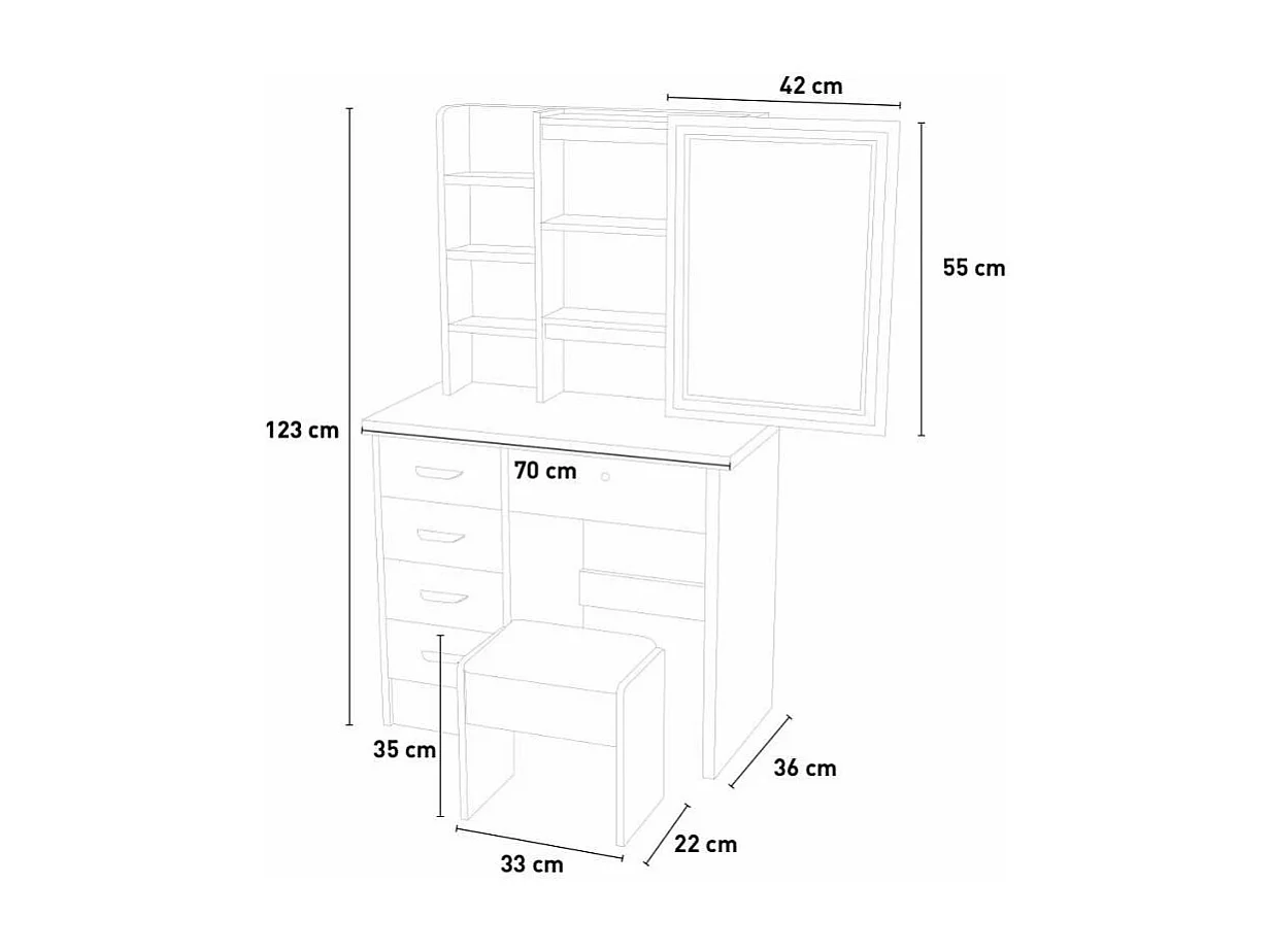 Schminktisch mit Schiebespiegel mit LED-Licht und Hocker Caroline