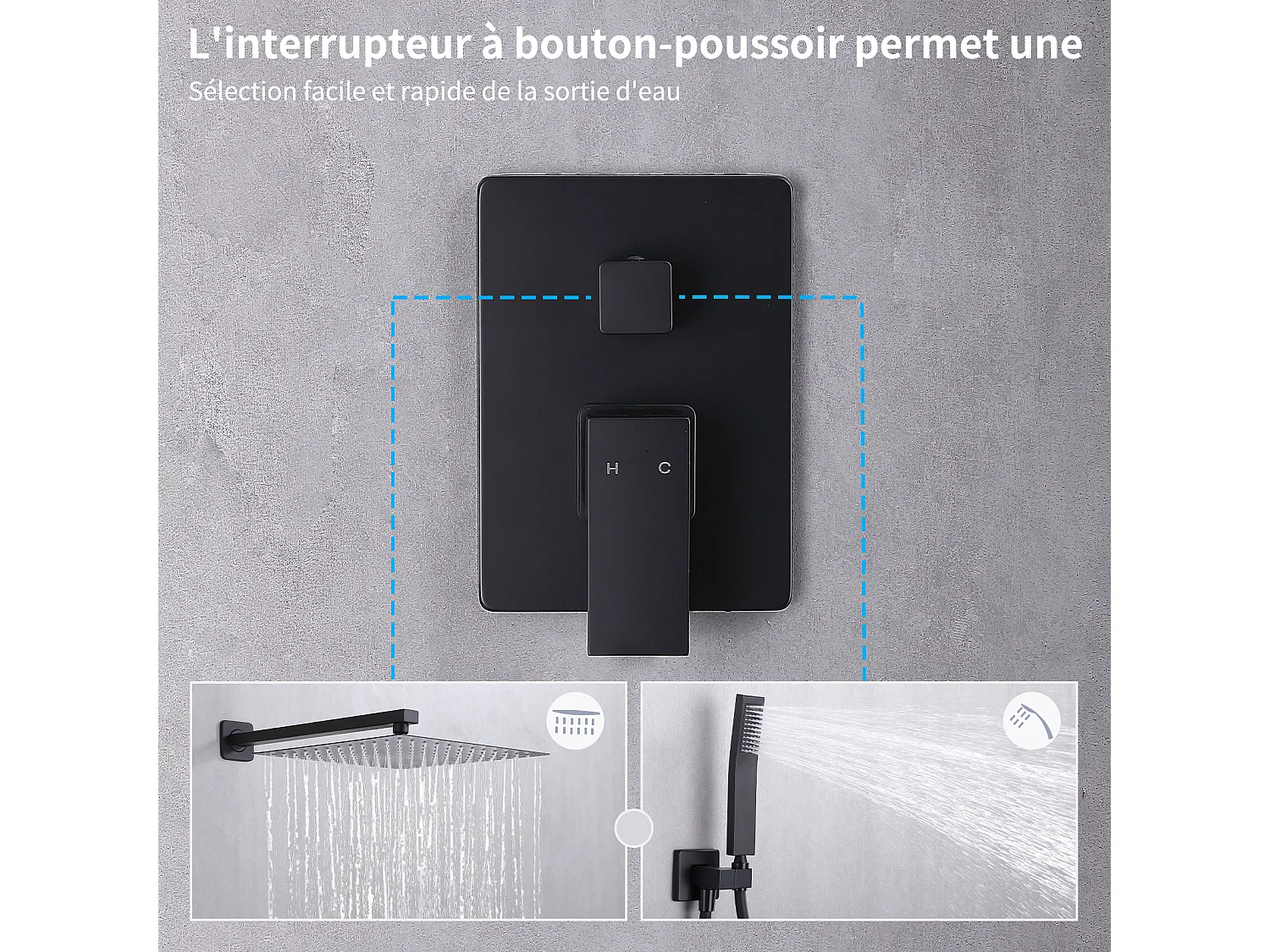 Colonne de Douche Encastrée Ensemble de Douche Mécanique avec Grande Tête de Douche Carrée 12" Système de Douche Encastrable Noir Design Élégante