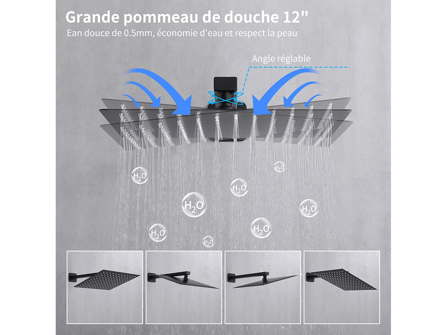 Colonne de Douche Encastrée Ensemble de Douche Mécanique avec Grande Tête de Douche Carrée 12" Système de Douche Encastrable Noir Design Élégante