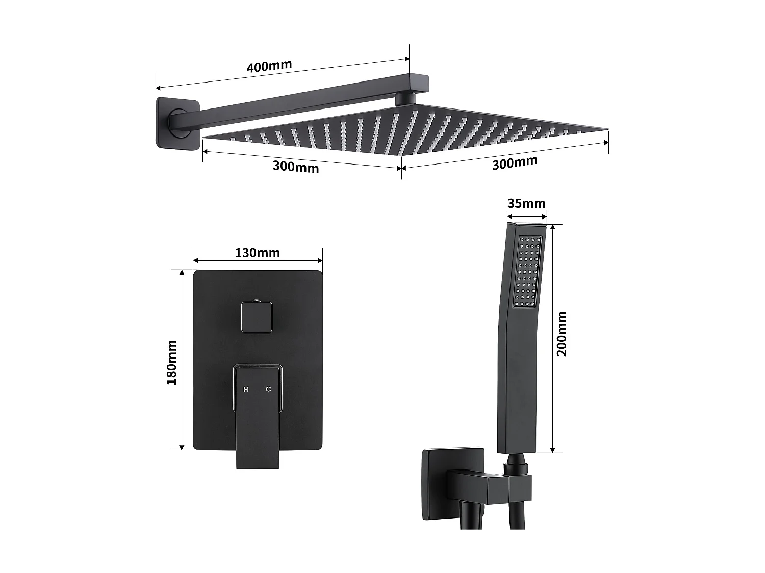 Colonne de Douche Encastrée Ensemble de Douche Mécanique avec Grande Tête de Douche Carrée 12" Système de Douche Encastrable Noir Design Élégante