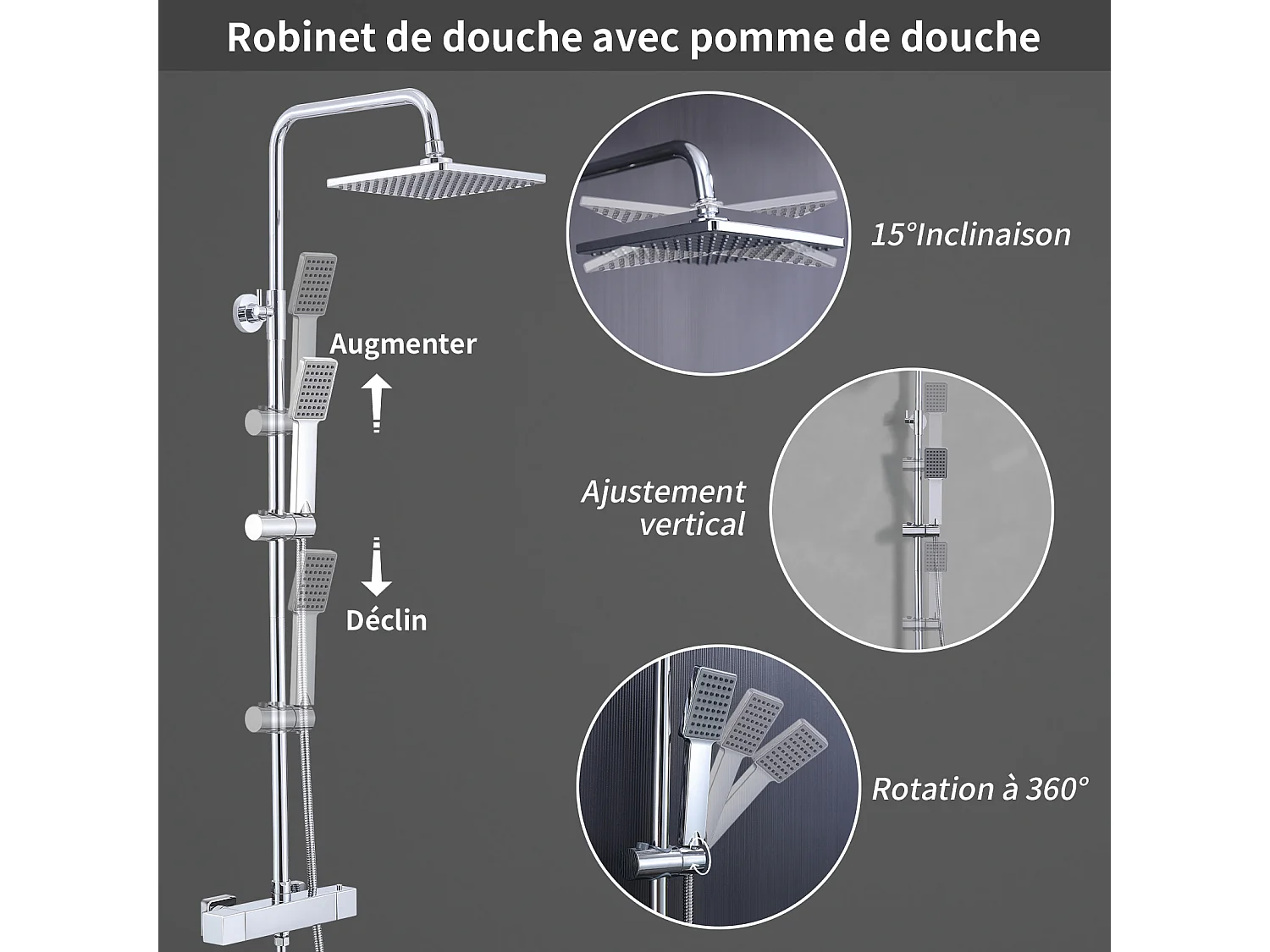 Homelody Colonne de Douche Thermostatique 2 Fonctions, Ensemble de Douche Thermostat avec Douchette, Hauteur Réglable