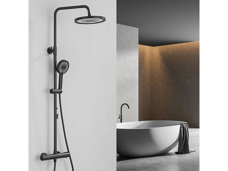 Colonne de Douche Thermostatique Noir Ensemble de Douche Avec douchette à Trois fonctions Système de Douche Robinetterie en Laiton