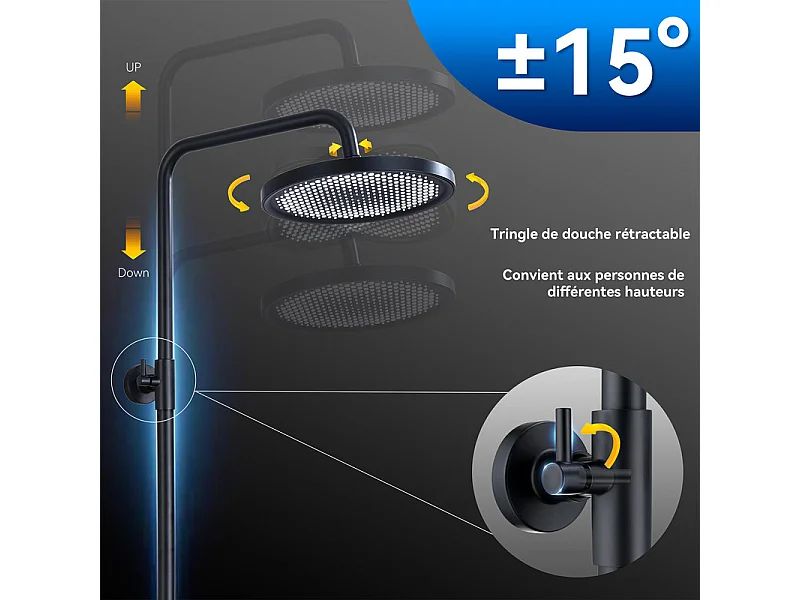 Colonne de Douche Thermostatique Noir Ensemble de Douche Avec douchette à Trois fonctions Système de Douche Robinetterie en Laiton
