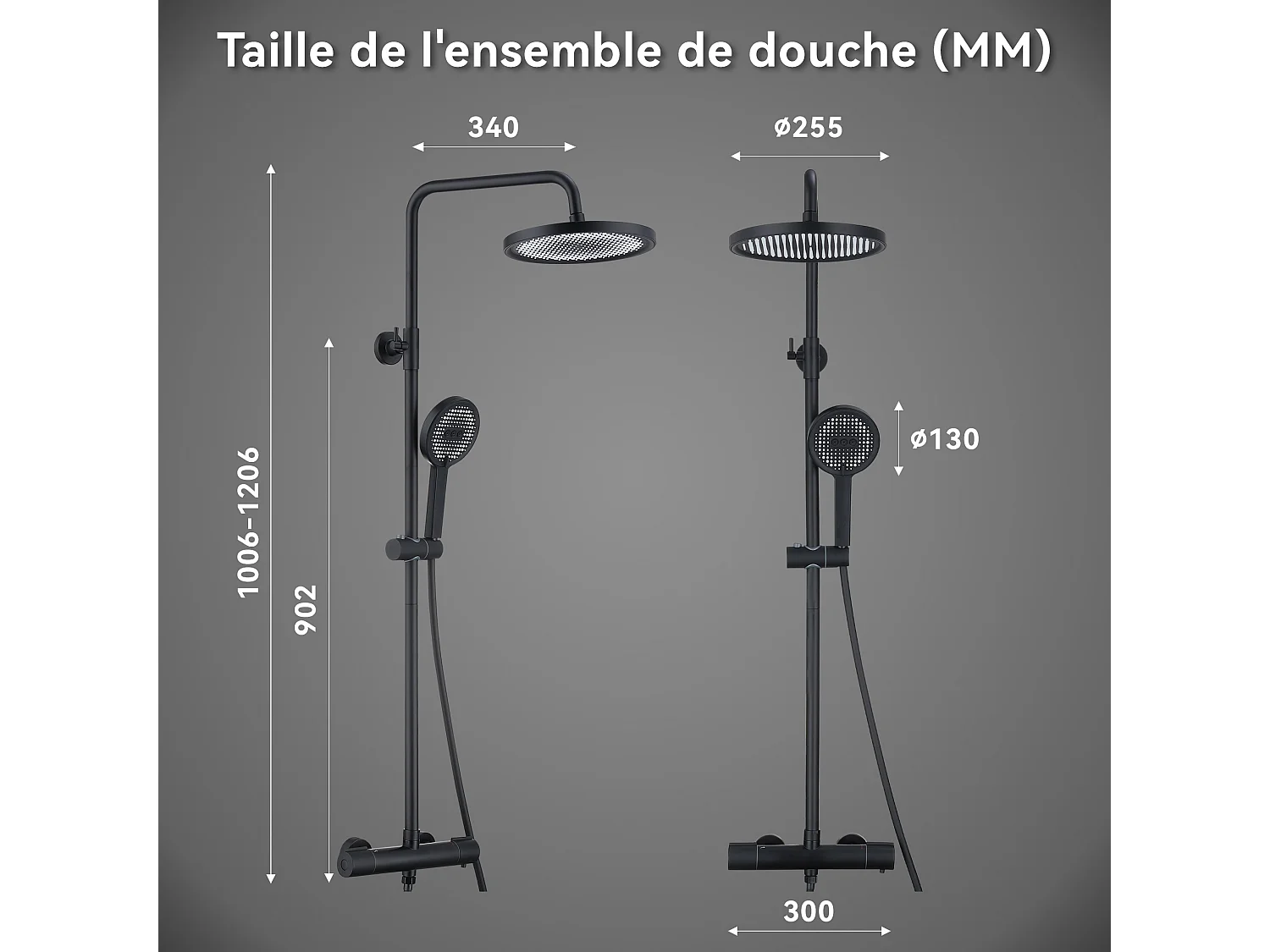 Colonne de Douche Thermostatique Noir Ensemble de Douche Avec douchette à Trois fonctions Système de Douche Robinetterie en Laiton