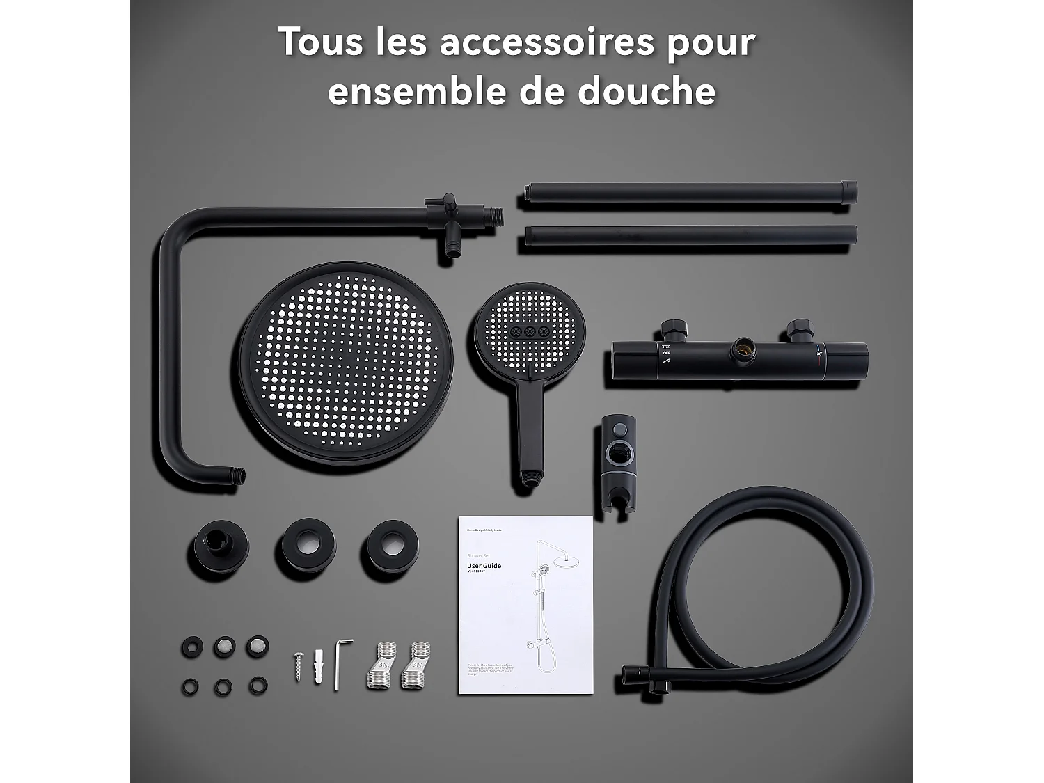 Colonne de Douche Thermostatique Noir Ensemble de Douche Avec douchette à Trois fonctions Système de Douche Robinetterie en Laiton