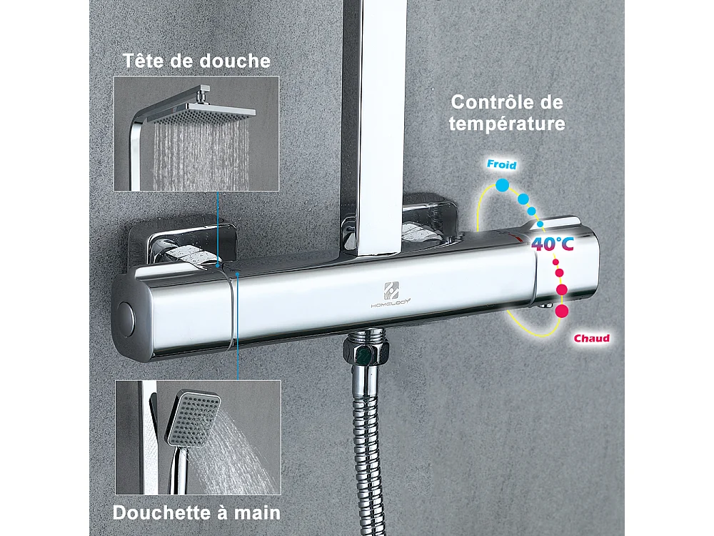 Colonne de Douche Thermostatique Ensemble de Douche Corps en Laiton Hauteur Réglable 818-1214mm Système de Douche