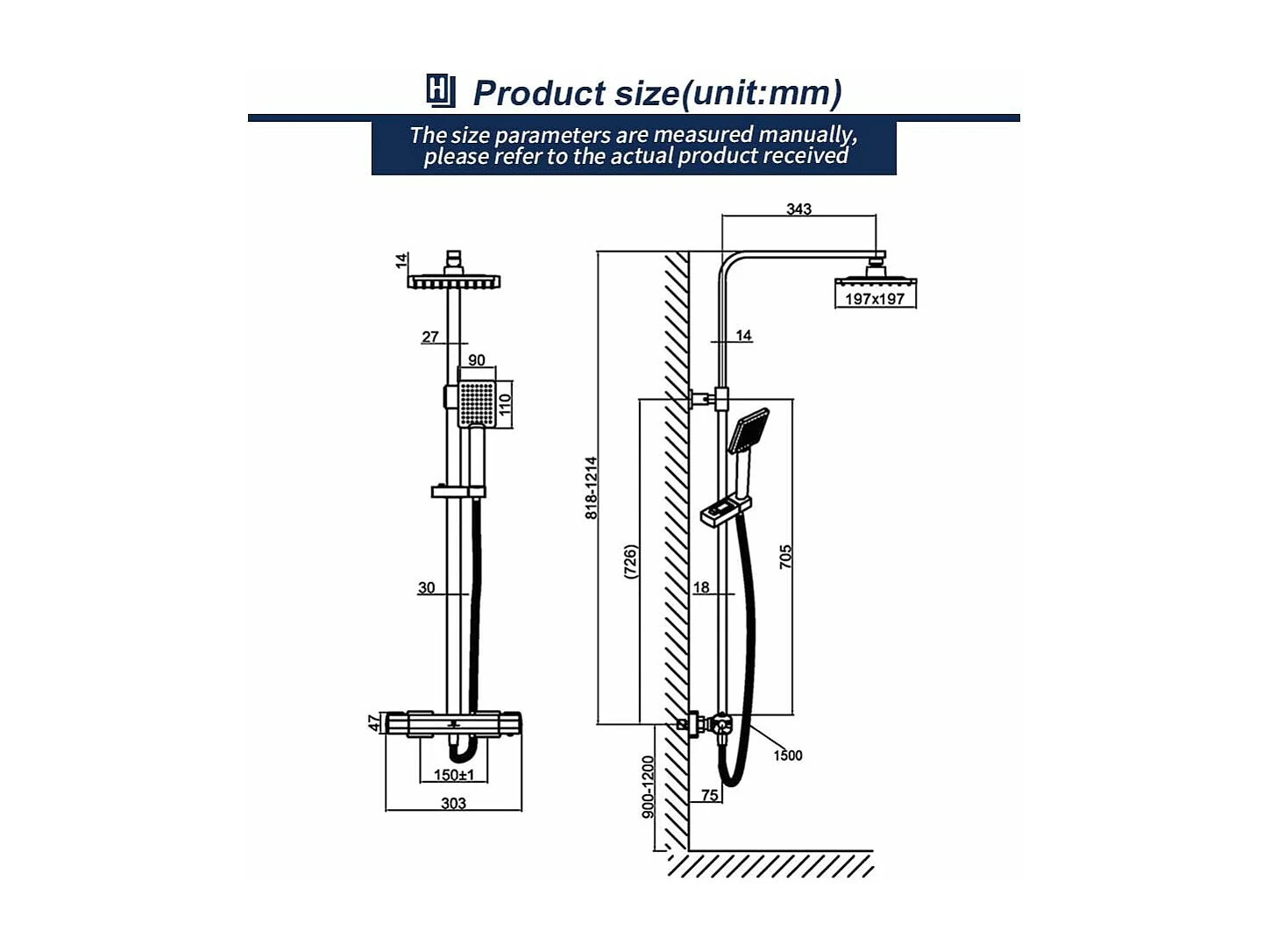 Colonne de Douche Thermostatique Ensemble de Douche Corps en Laiton Hauteur Réglable 818-1214mm Système de Douche