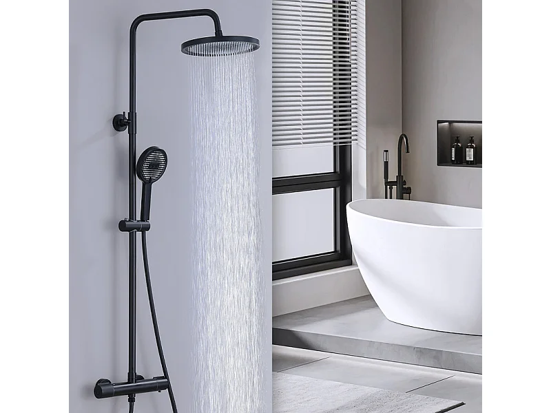 Colonne de Douche Thermostatique Ensemble de Douche Noir avec Douchette 3 Jets Kit de Douche Hauteur Réglable Mitigeur en Laiton Durable