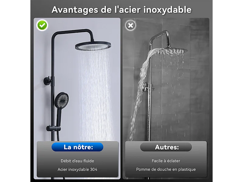 Colonne de Douche Thermostatique Ensemble de Douche Noir avec Douchette 3 Jets Kit de Douche Hauteur Réglable Mitigeur en Laiton Durable