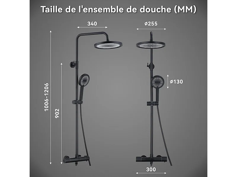 Colonne de Douche Thermostatique Ensemble de Douche Noir avec Douchette 3 Jets Kit de Douche Hauteur Réglable Mitigeur en Laiton Durable