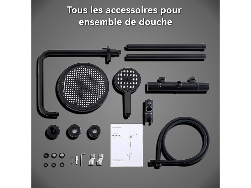 Colonne de Douche Thermostatique Ensemble de Douche Noir avec Douchette 3 Jets Kit de Douche Hauteur Réglable Mitigeur en Laiton Durable