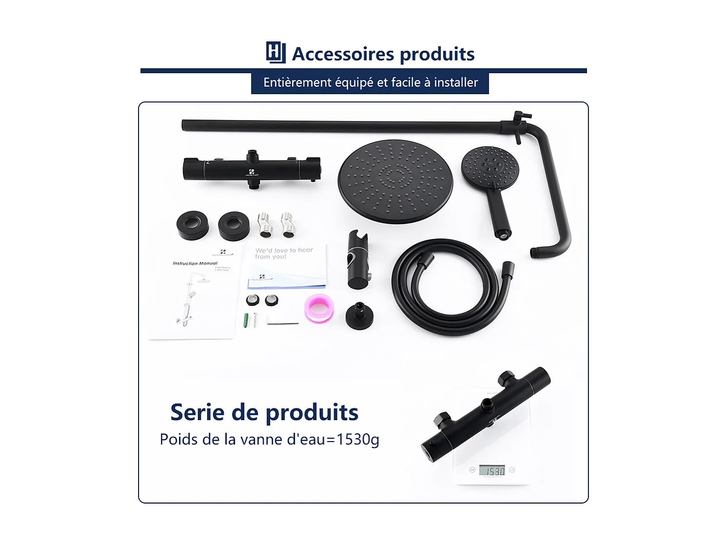 Colonne de Douche Thermostatique Ensemble de Douche Noir avec Douchette 3 Jets Kit de Douche Hauteur Réglable Mitigeur en Laiton Durable