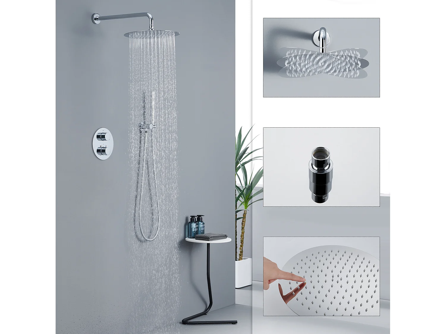 Encastré Colonne de Douche Thermostatique Système de Douche Rond Grande Douche de Tête Set de Douche Encastrée en Laiton Chromé Design Moderne