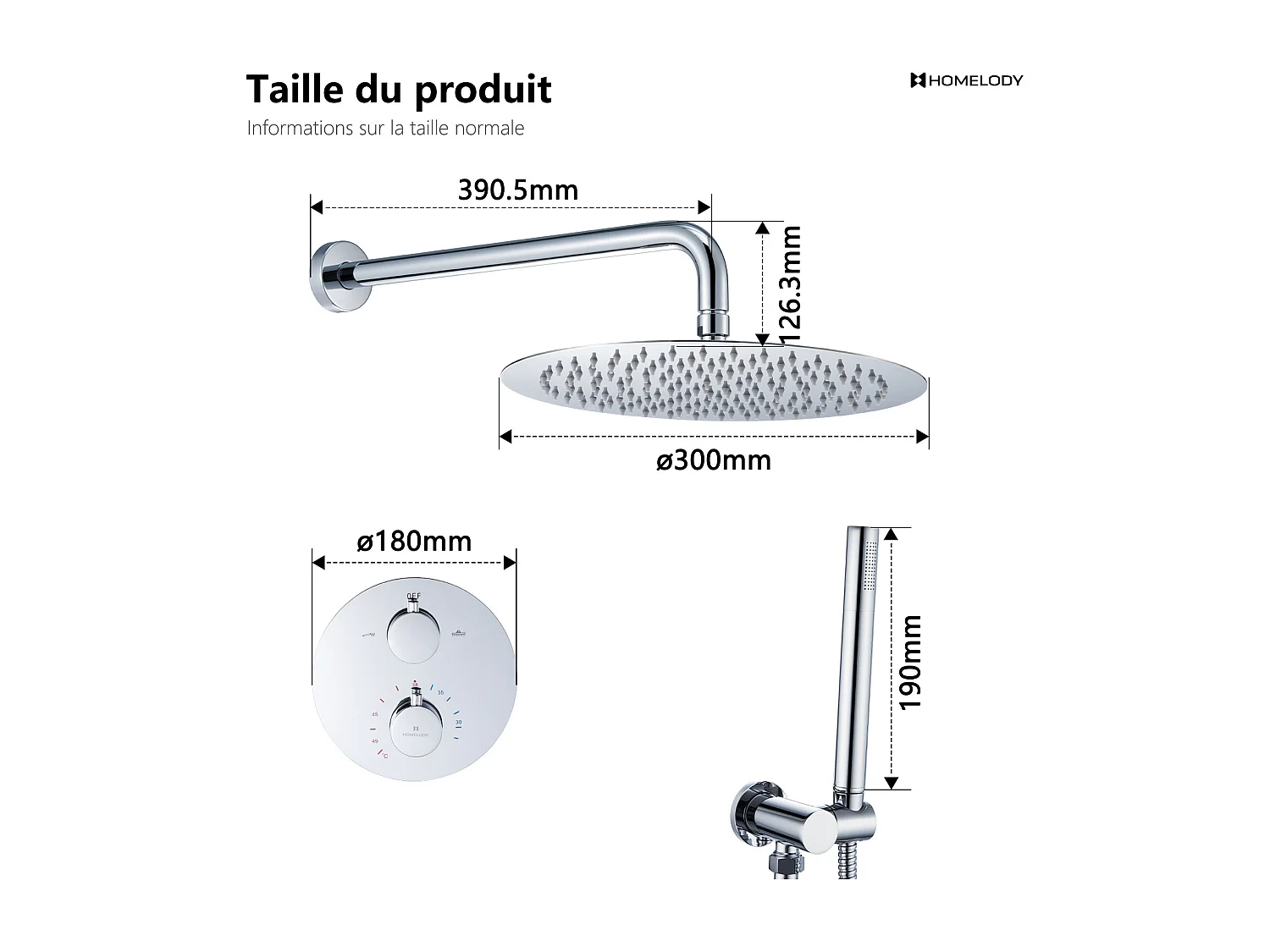 Encastré Colonne de Douche Thermostatique Système de Douche Rond Grande Douche de Tête Set de Douche Encastrée en Laiton Chromé Design Moderne